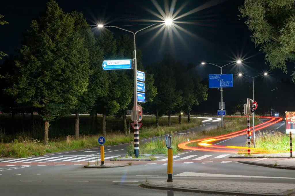 night photo with white car trails on long exposure